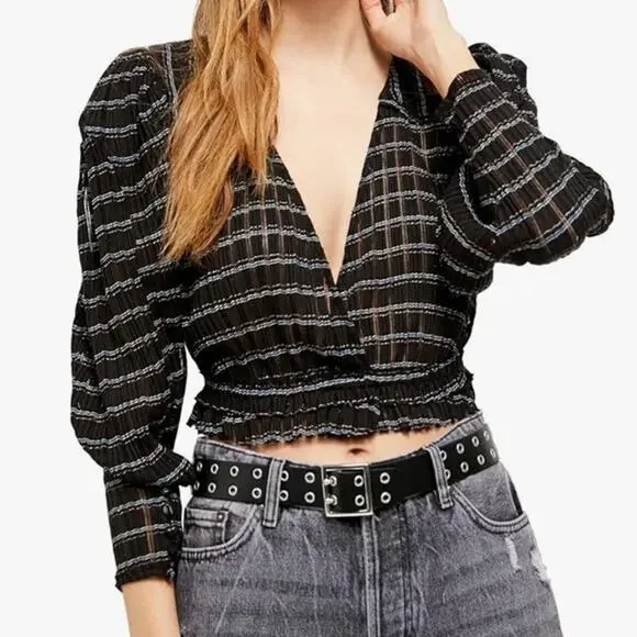 Free People Girlfriend combo top striped seer sucker puff sleeve v neck blouse - Picture 1 of 7